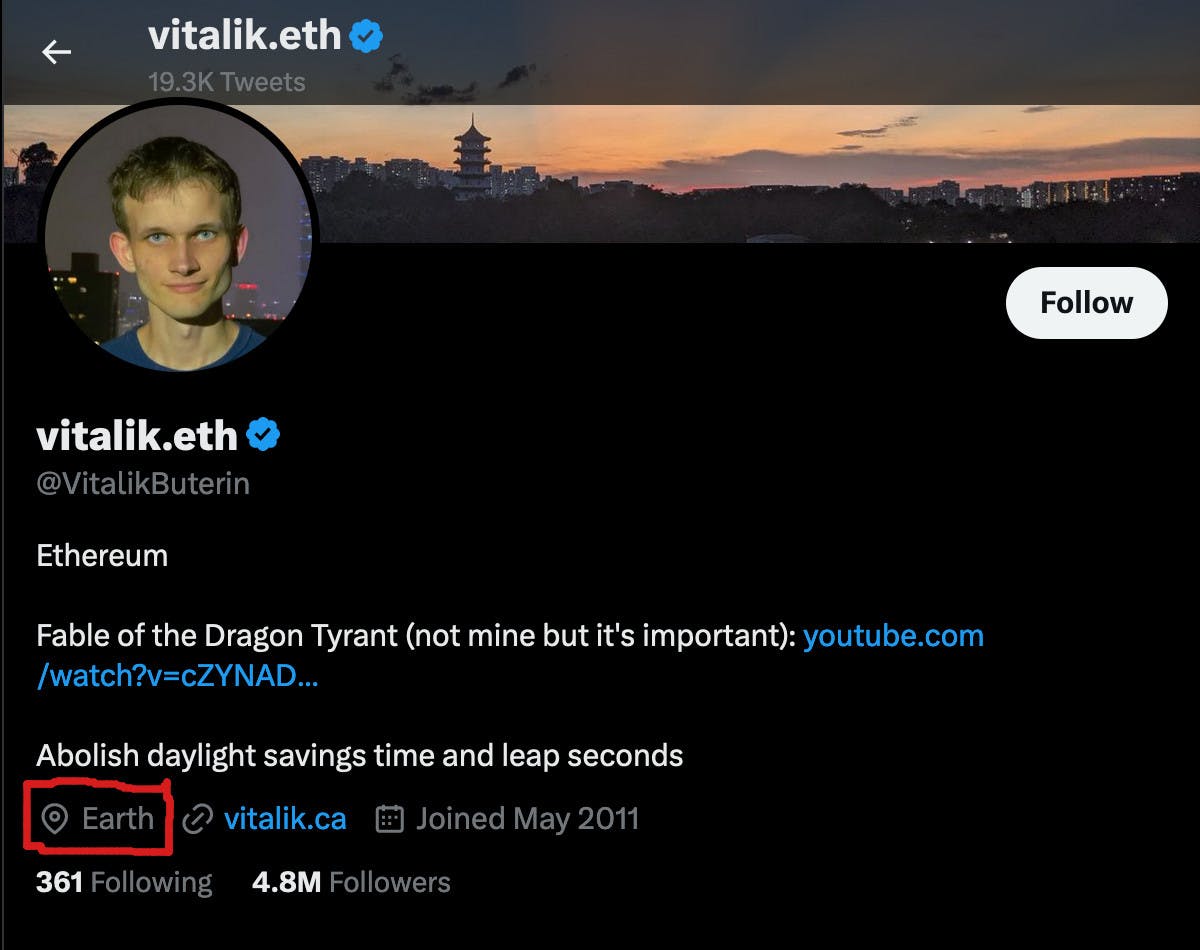 Vitalik lists twitter location as "Earth".