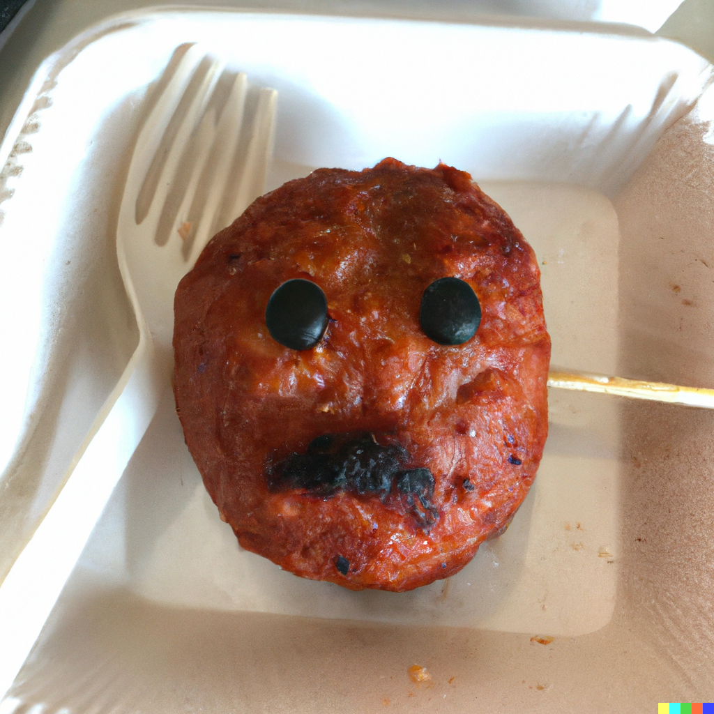 DALL-E 2's interpretation of "Meatball Ron DeSantis" as approved by President Trump. "The guy's a meatball," Trump later explained.